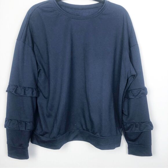 UNBRANDED | Lightweight Navy Blue Ruffle Sleeve Sweatshirt Women’s Size Large - Picture 1 of 7